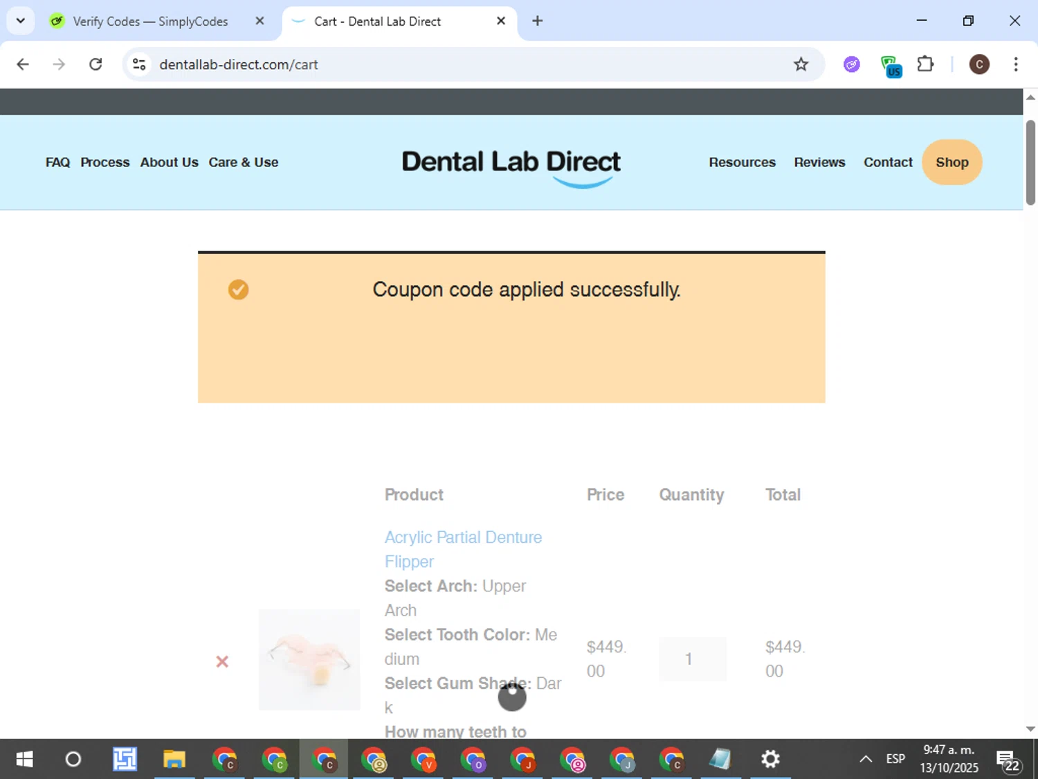 Dental Lab Direct promo code screenshot showing code SMILE10 applied at Dental Lab Direct checkout page. Uploaded by SimplyCodes community member TreasureFox8596 on Oct 13, 2025