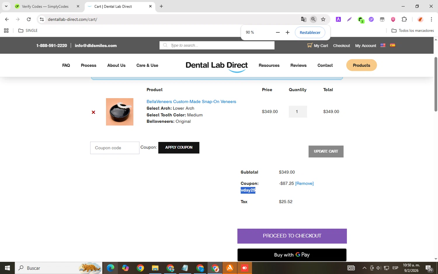 Dental Lab Direct checkout page showing Dental Lab Direct promo code box | Screenshot taken by SimplyCodes community member on Feb 9, 2026