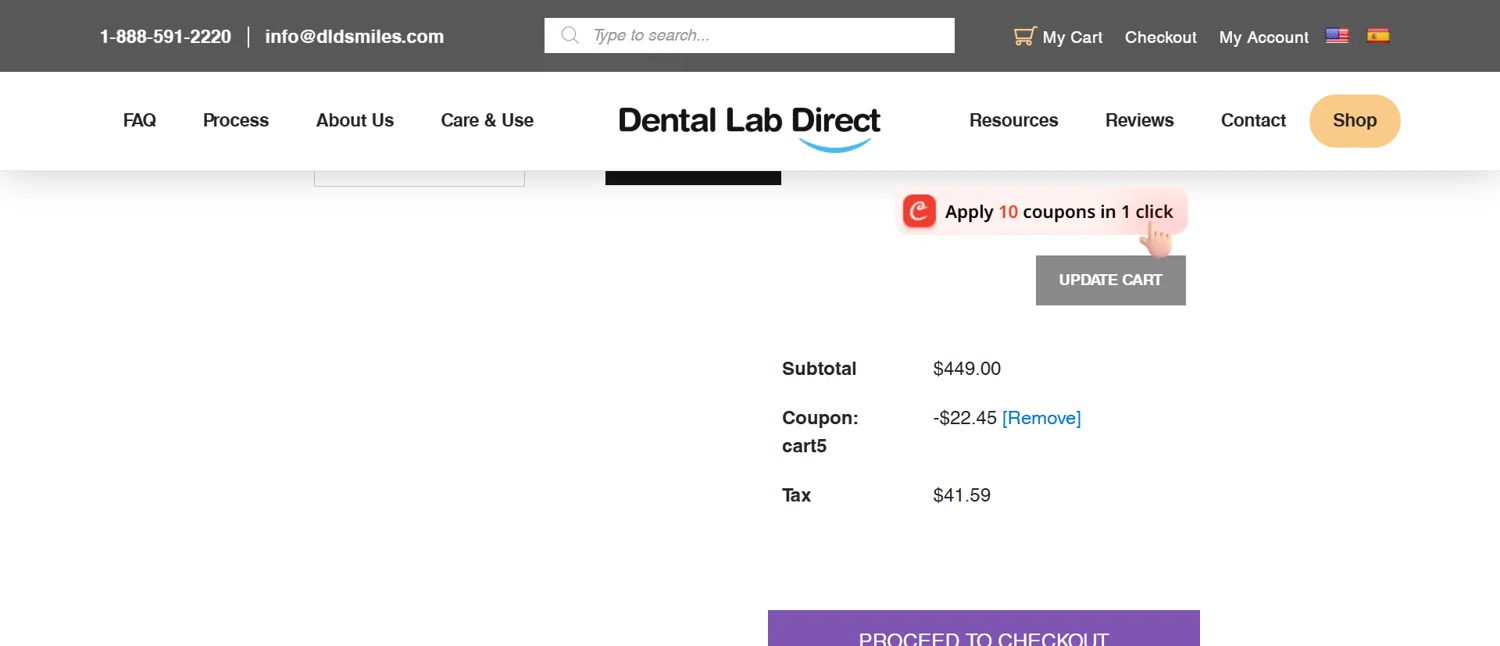Dental Lab Direct promo code screenshot showing code CART5 applied at Dental Lab Direct checkout page. Uploaded by SimplyCodes community member Dorothy on Oct 14, 2025