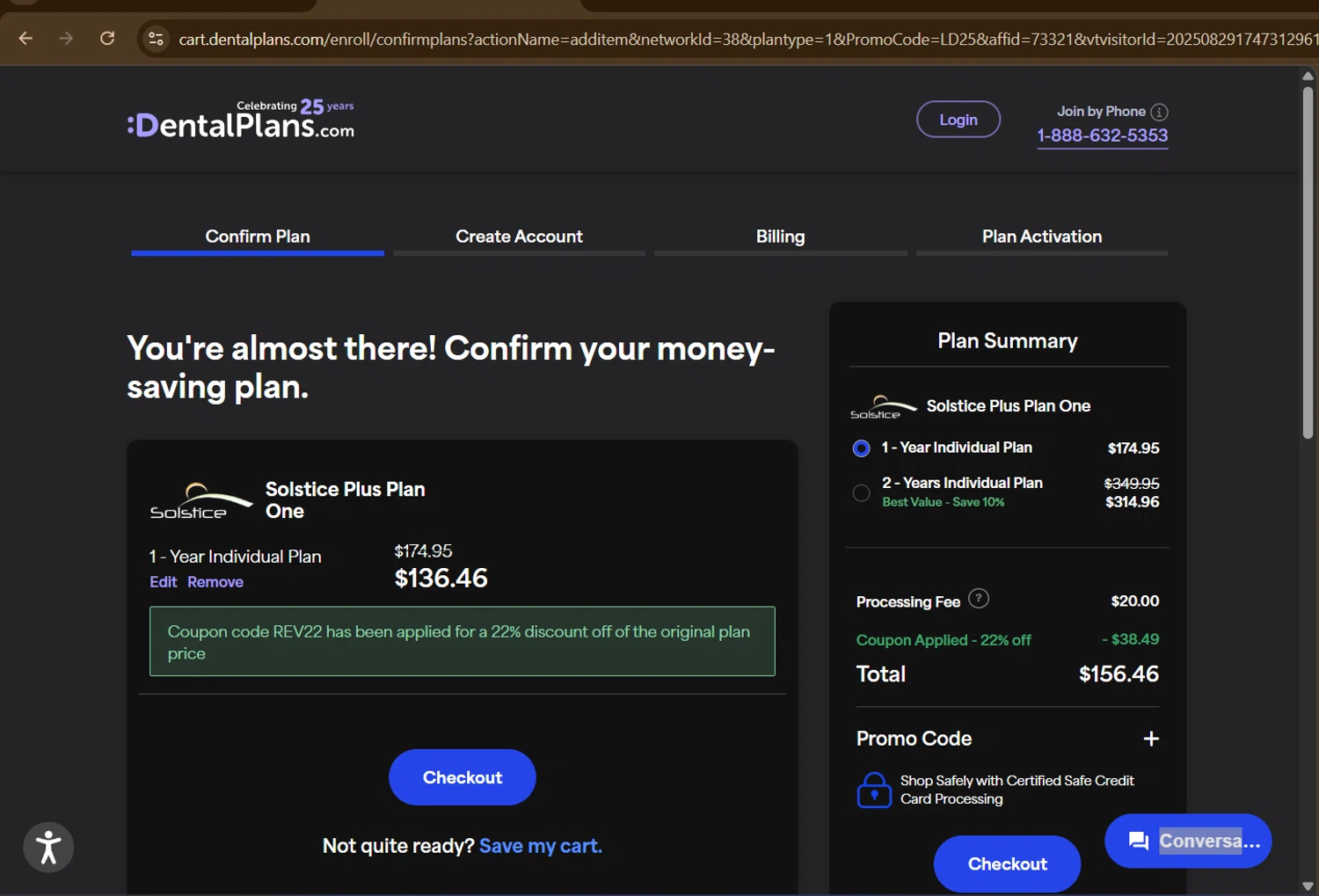 DentalPlans.com promo code screenshot showing code REV22 applied at DentalPlans.com checkout page. Uploaded by SimplyCodes community member PromoExpert5262 on Aug 29, 2025