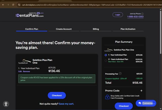 DentalPlans.com checkout page showing DentalPlans.com promo code box | Screenshot taken by SimplyCodes community member on Aug 29, 2025