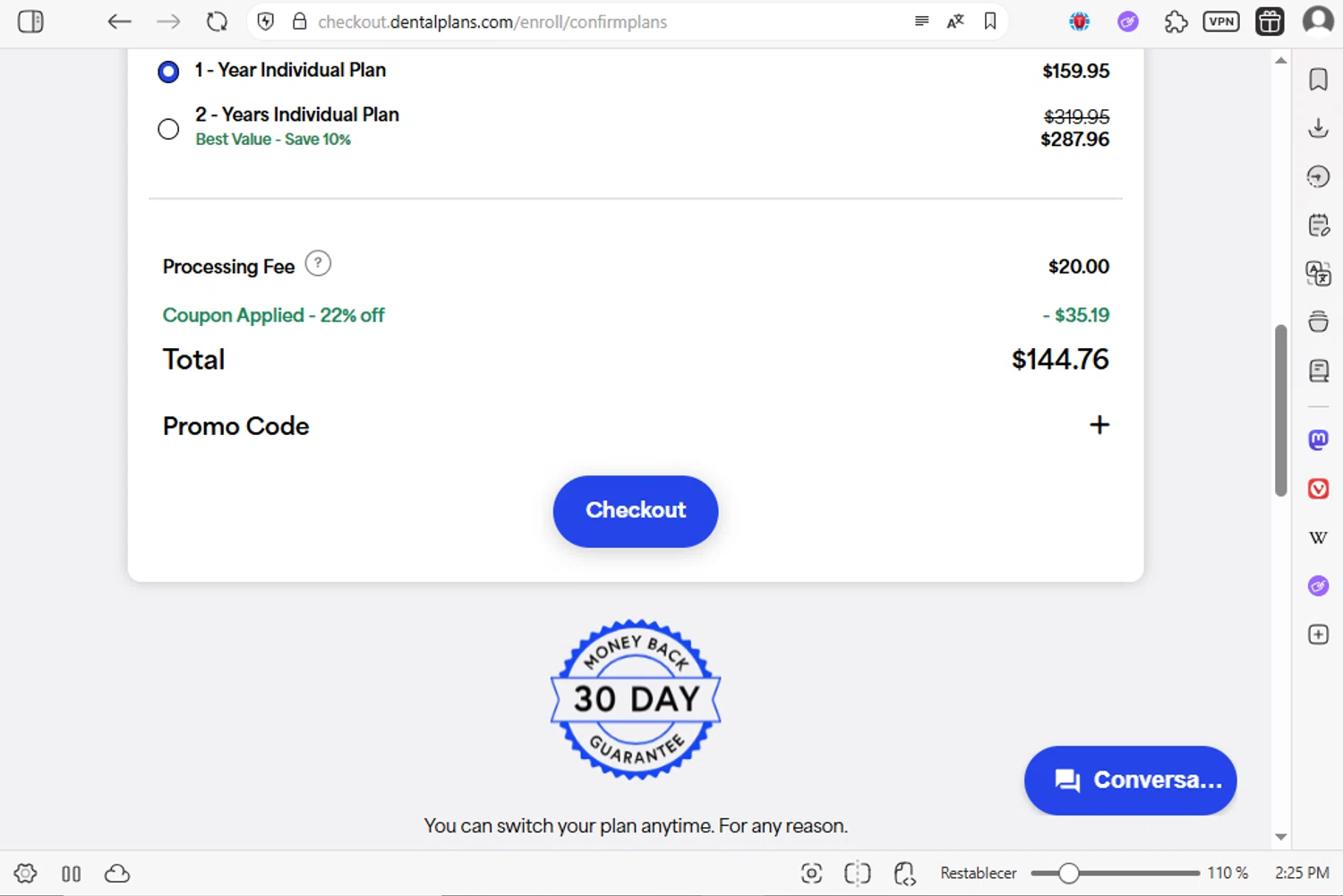 DentalPlans.com promo code screenshot showing code REV22 applied at DentalPlans.com checkout page. Uploaded by SimplyCodes community member luissilva2 on Aug 29, 2025