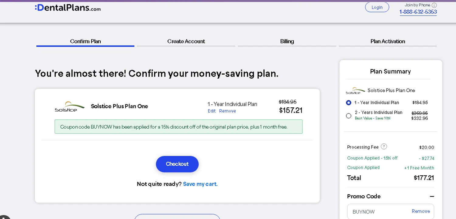 DentalPlans.com promo code screenshot showing code BUYNOW applied at DentalPlans.com checkout page. Uploaded by SimplyCodes community member beatrizcastillo on Jun 5, 2026