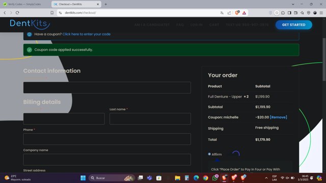 Dentkits checkout page showing Dentkits coupon code box | Screenshot taken by SimplyCodes community member on Mar 1, 2025