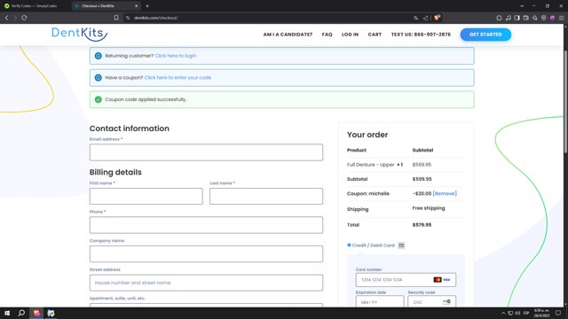 Dentkits checkout page showing Dentkits coupon code box | Screenshot taken by SimplyCodes community member on Apr 28, 2025