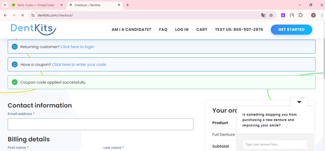 Dentkits checkout page showing Dentkits coupon code box | Screenshot taken by SimplyCodes community member on Jan 2, 2025