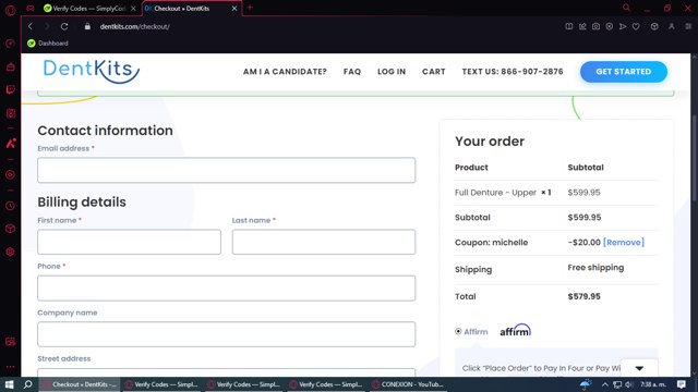 Dentkits checkout page showing Dentkits coupon code box | Screenshot taken by SimplyCodes community member on Nov 14, 2024