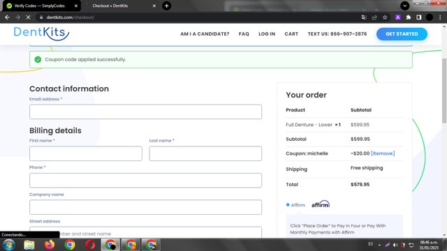 Dentkits checkout page showing Dentkits coupon code box | Screenshot taken by SimplyCodes community member on Jan 31, 2025