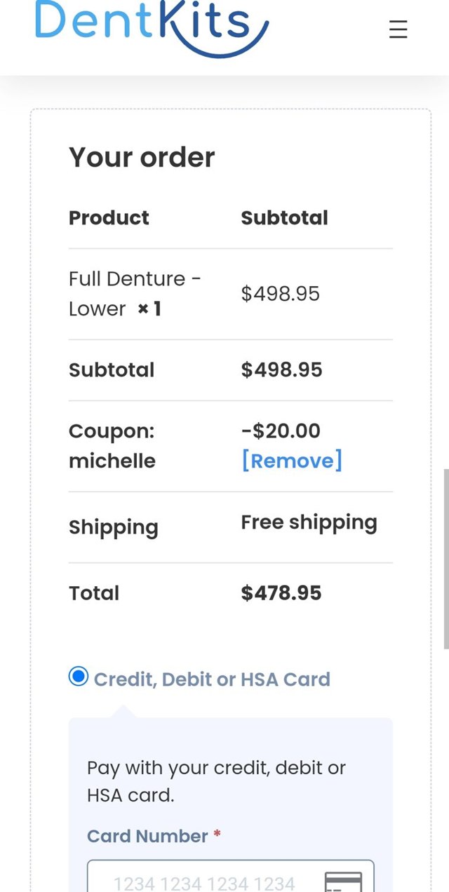Dentkits checkout page showing Dentkits coupon code box | Screenshot taken by SimplyCodes community member on Oct 16, 2024