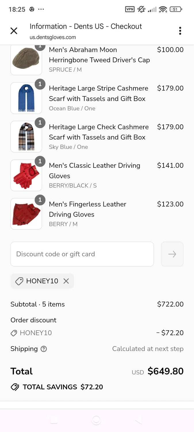 Dents promo code screenshot showing code HONEY10 applied at Dents checkout page. Uploaded by SimplyCodes community member ShieldWhiz4659 on Aug 24, 2025