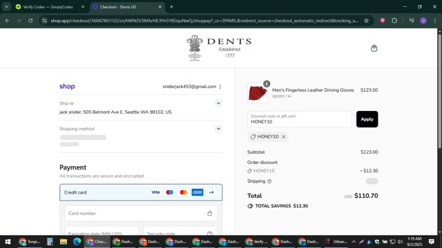 Dents checkout page showing Dents promo code box | Screenshot taken by SimplyCodes community member on Sep 2, 2025