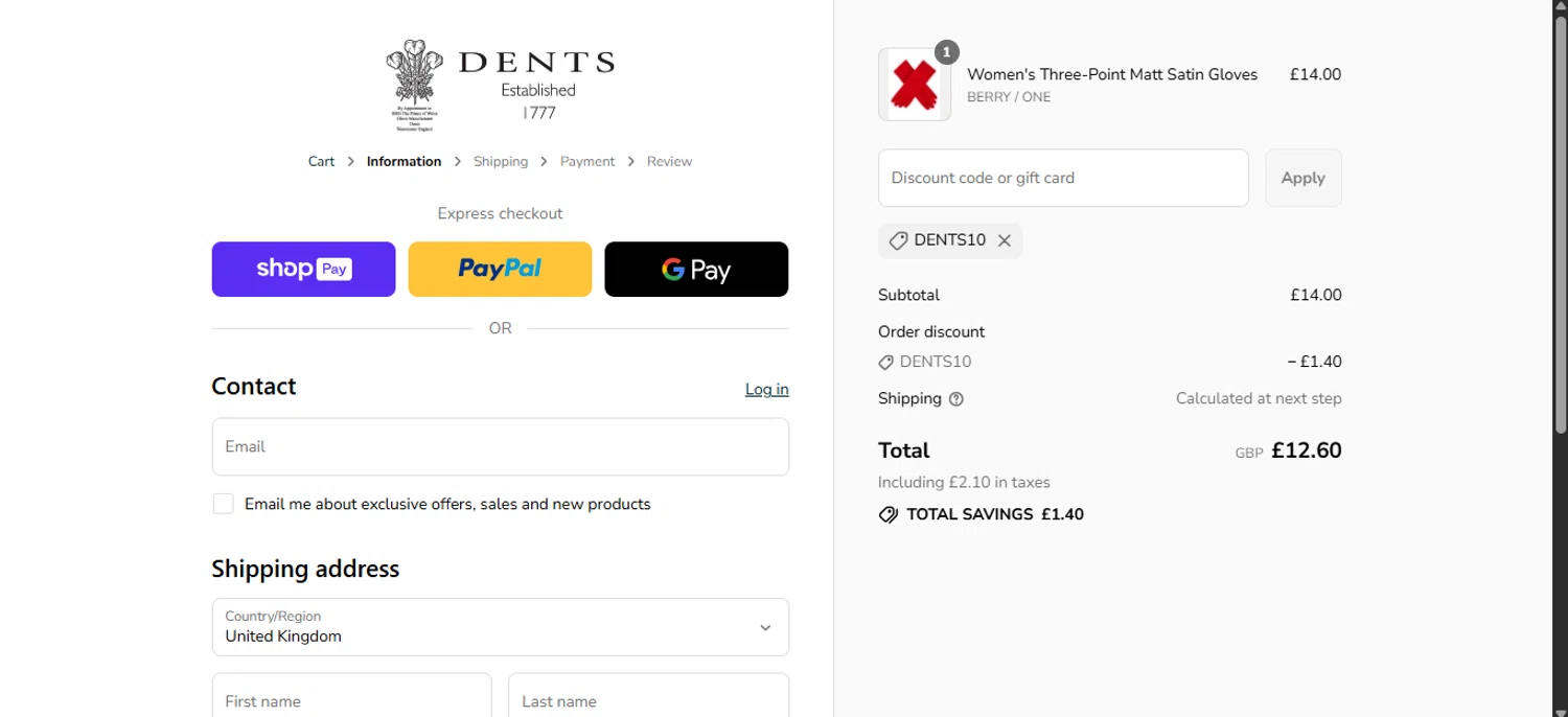 Dents promo code screenshot showing code DENTS10 applied at Dents checkout page. Uploaded by SimplyCodes community member _____________________________ on Aug 20, 2025