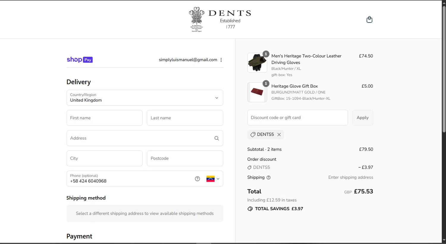 Dents promo code screenshot showing code DENTS5 applied at Dents checkout page. Uploaded by SimplyCodes community member WoskalRevenge on Aug 20, 2025