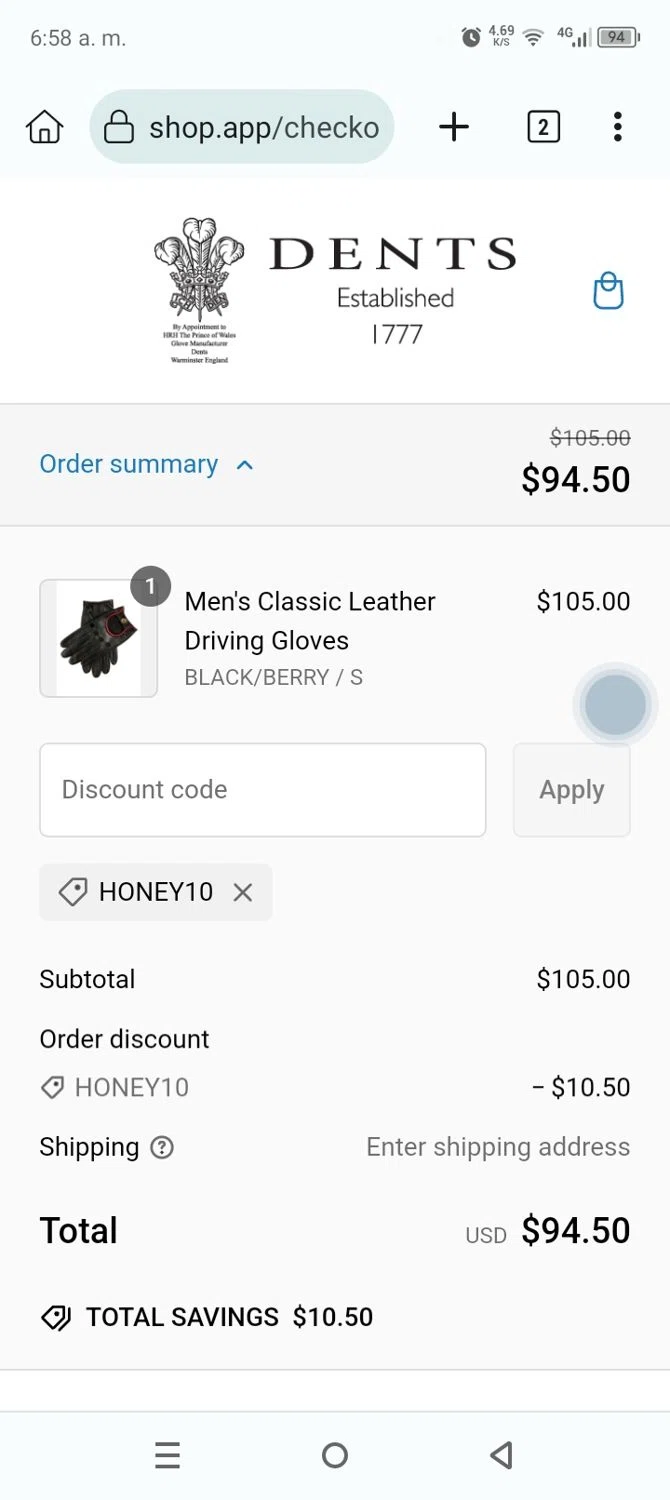 DENTS US promo code screenshot showing code HONEY10 applied at DENTS US checkout page. Uploaded by SimplyCodes community member Anthony_Diaz on Feb 22, 2025