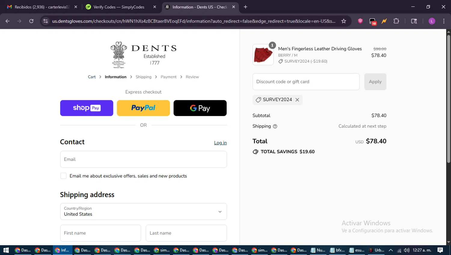 DENTS US promo code screenshot showing code SURVEY2024 applied at DENTS US checkout page. Uploaded by SimplyCodes community member RewardScout5160 on Aug 12, 2025