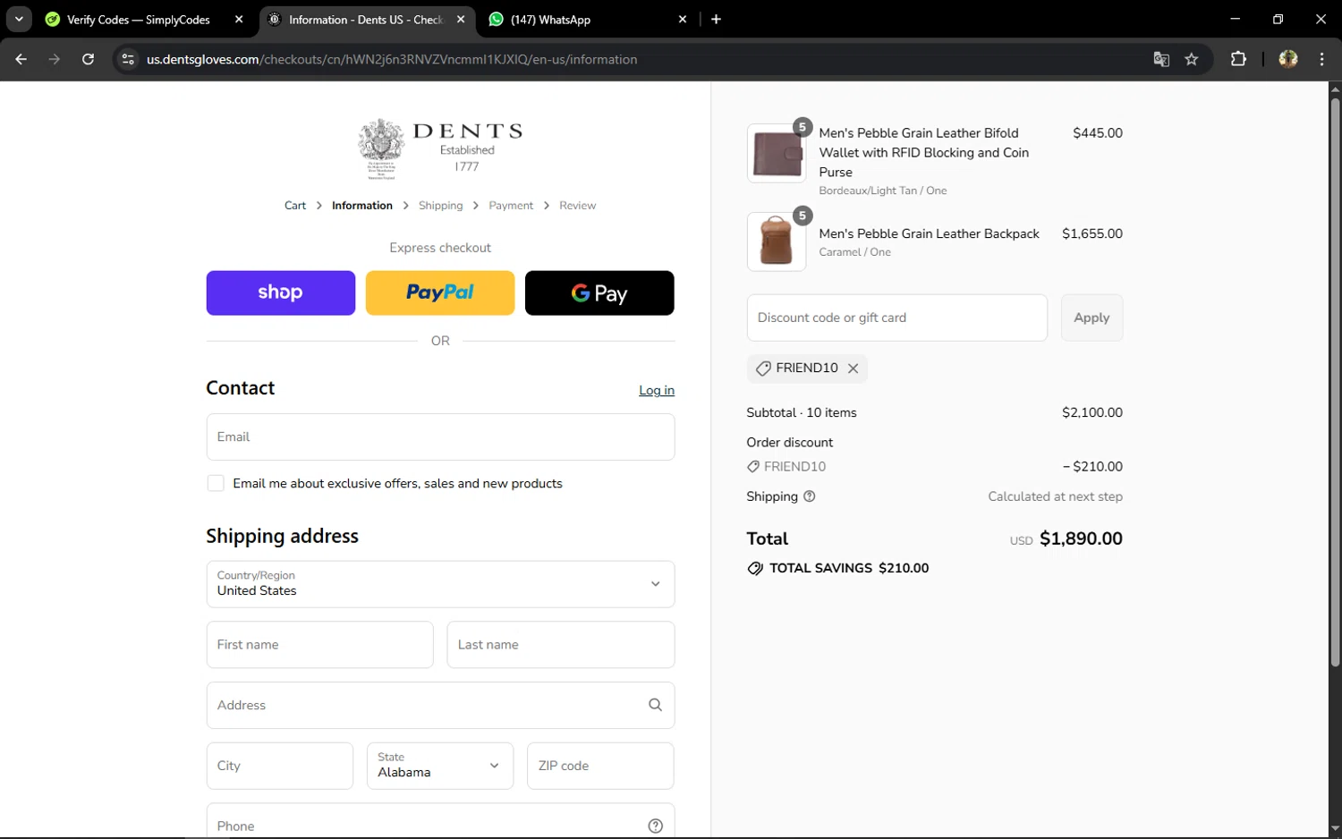 DENTS US promo code screenshot showing code FRIEND10 applied at DENTS US checkout page. Uploaded by SimplyCodes community member ELVERDEDESAMP on Sep 8, 2025