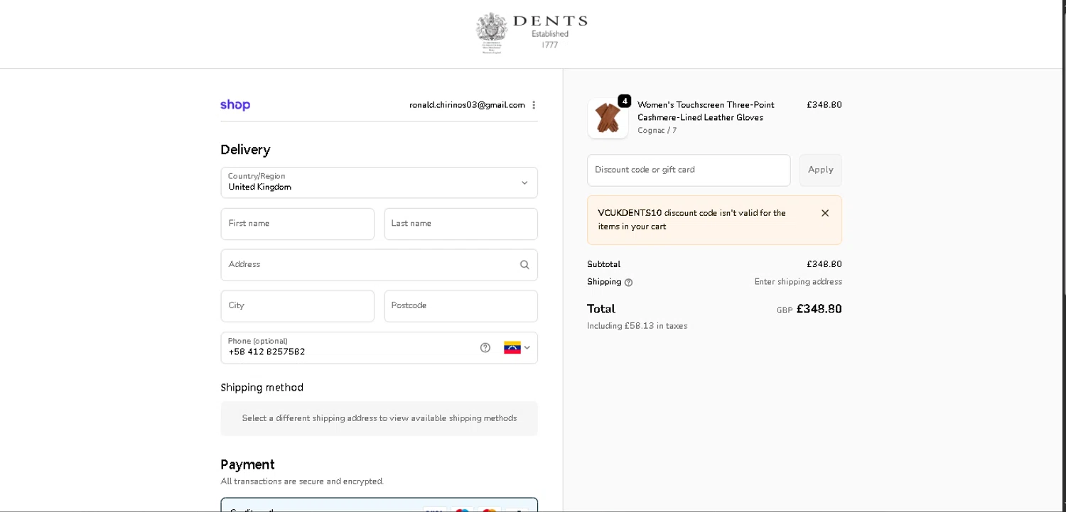 DENTS US promo code screenshot showing code VCUKDENTS10 applied at DENTS US checkout page. Uploaded by SimplyCodes community member CrownAce9258 on Dec 23, 2025