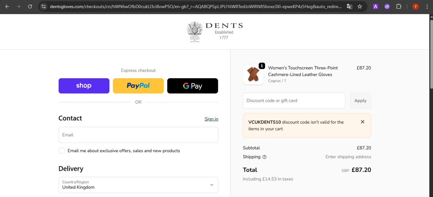 DENTS US promo code screenshot showing code VCUKDENTS10 applied at DENTS US checkout page. Uploaded by SimplyCodes community member CrownTiger7501 on Dec 28, 2025