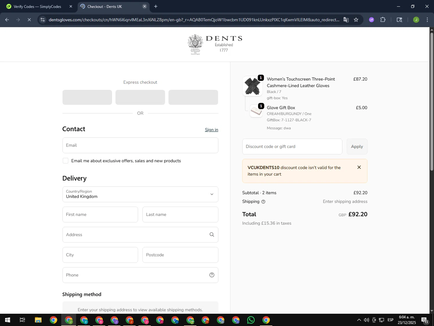 DENTS US promo code screenshot showing code VCUKDENTS10 applied at DENTS US checkout page. Uploaded by SimplyCodes community member MightyFinder1041 on Dec 23, 2025