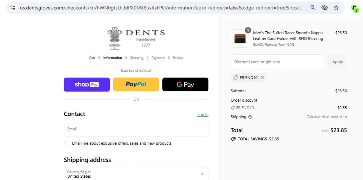 DENTS US promo code screenshot showing code FRIEND10 applied at DENTS US checkout page. Uploaded by SimplyCodes community member frankrivero on Jul 16, 2025