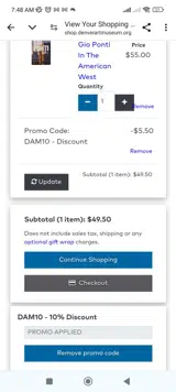 Denver Art Museum coupon verification screenshot