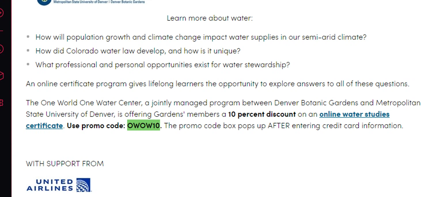 Denver Botanic Gardens checkout page showing Denver Botanic Gardens promo code box | Screenshot taken by SimplyCodes community member on May 20, 2024
