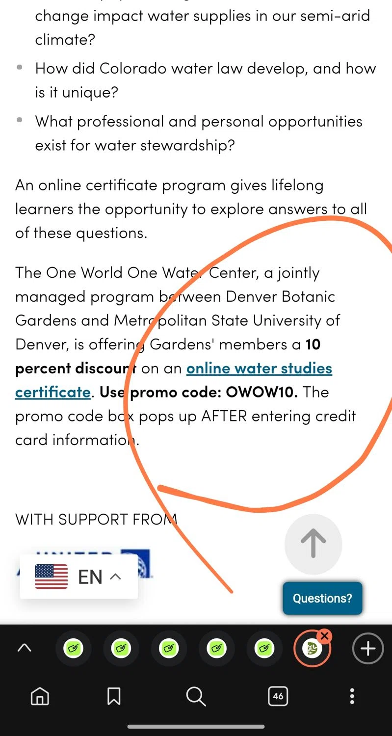 Denver Botanic Gardens promo code screenshot showing code OWOW10 applied at Denver Botanic Gardens checkout page. Uploaded by SimplyCodes community member Dejadepicharme on Dec 23, 2025