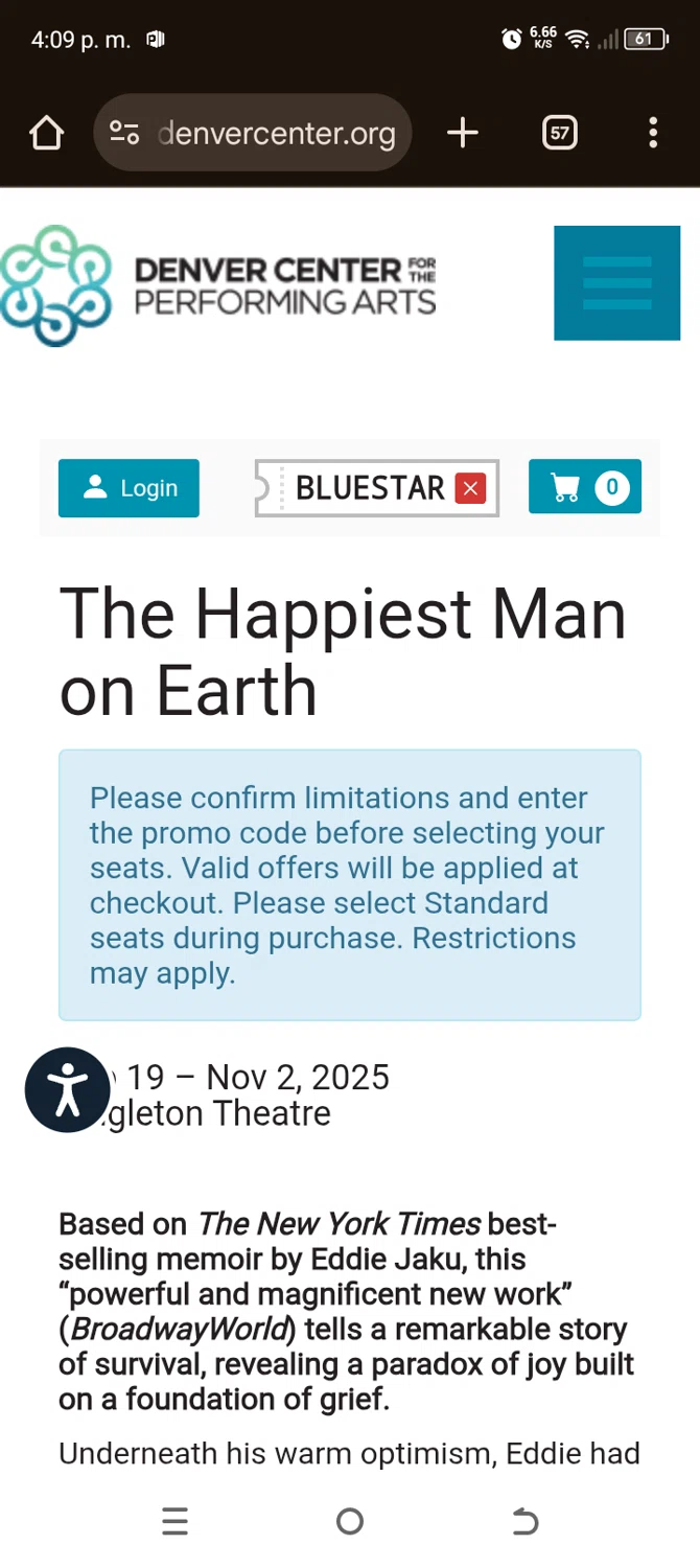 Denver Center promo code screenshot showing code BLUESTAR applied at Denver Center checkout page. Uploaded by SimplyCodes community member BonusChaser4306 on Oct 14, 2025