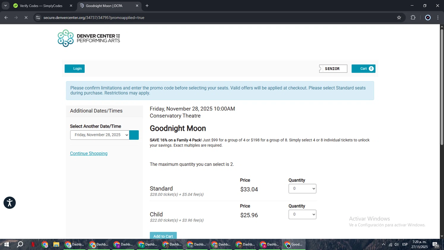 Denver Center promo code screenshot showing code SENIOR applied at Denver Center checkout page. Uploaded by SimplyCodes community member RoyalBoss4384 on Nov 27, 2025