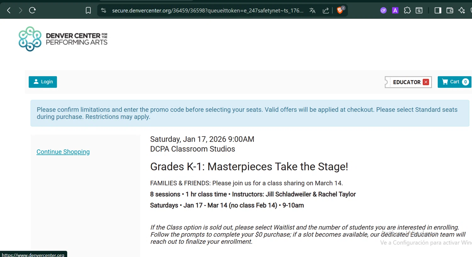 Denver Center promo code screenshot showing code EDUCATOR applied at Denver Center checkout page. Uploaded by SimplyCodes community member PennyCaptain4684 on Nov 16, 2025