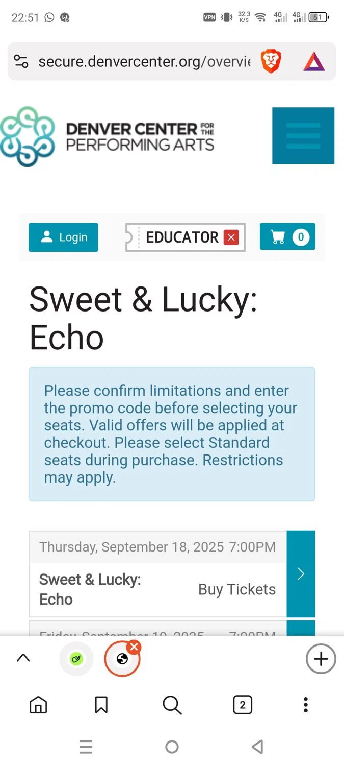 Denver Center promo code screenshot showing code EDUCATOR applied at Denver Center checkout page. Uploaded by SimplyCodes community member dayselis15 on Sep 18, 2025