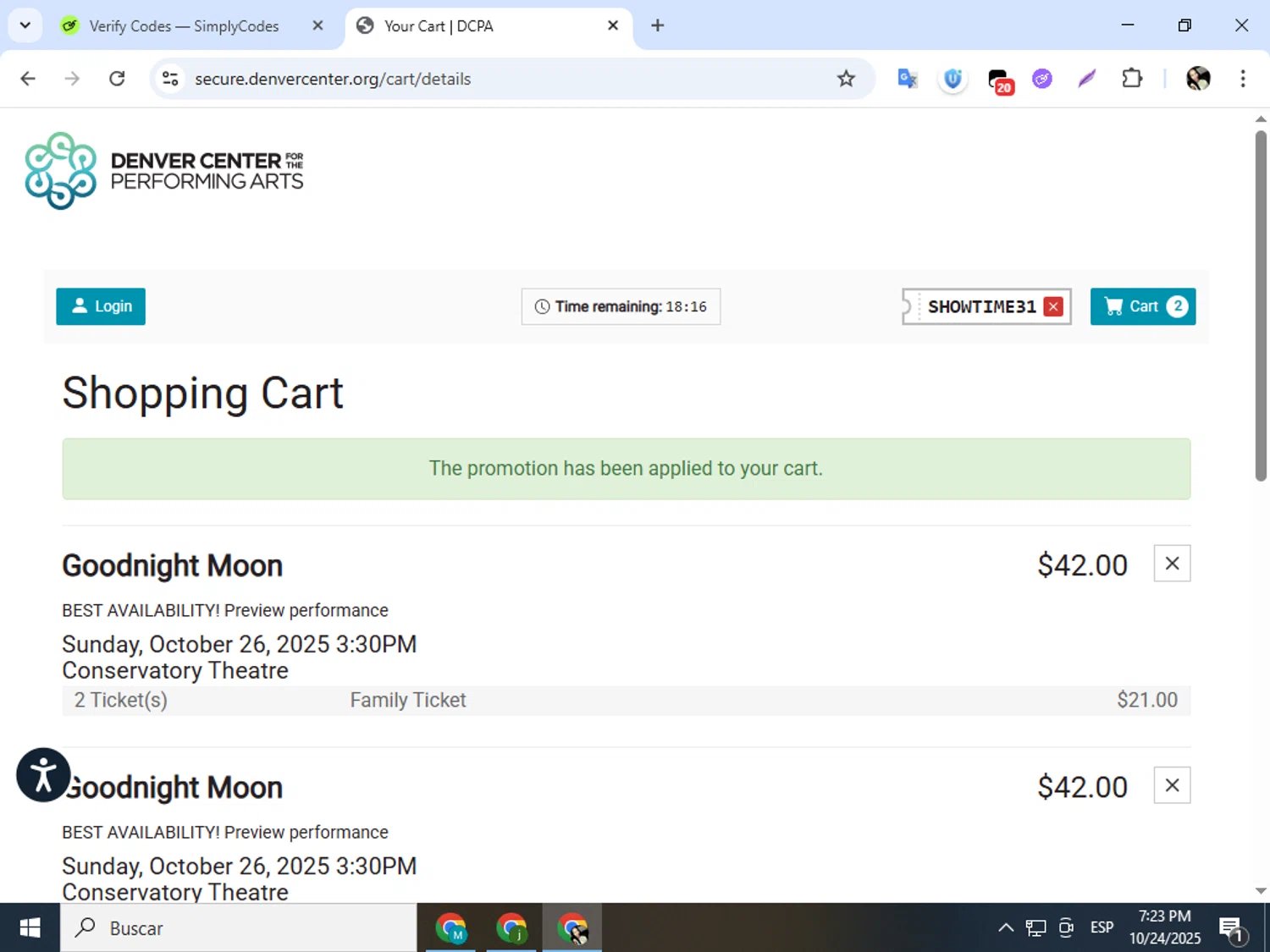 Denver Center checkout page showing Denver Center promo code box | Screenshot taken by SimplyCodes community member on Oct 24, 2025