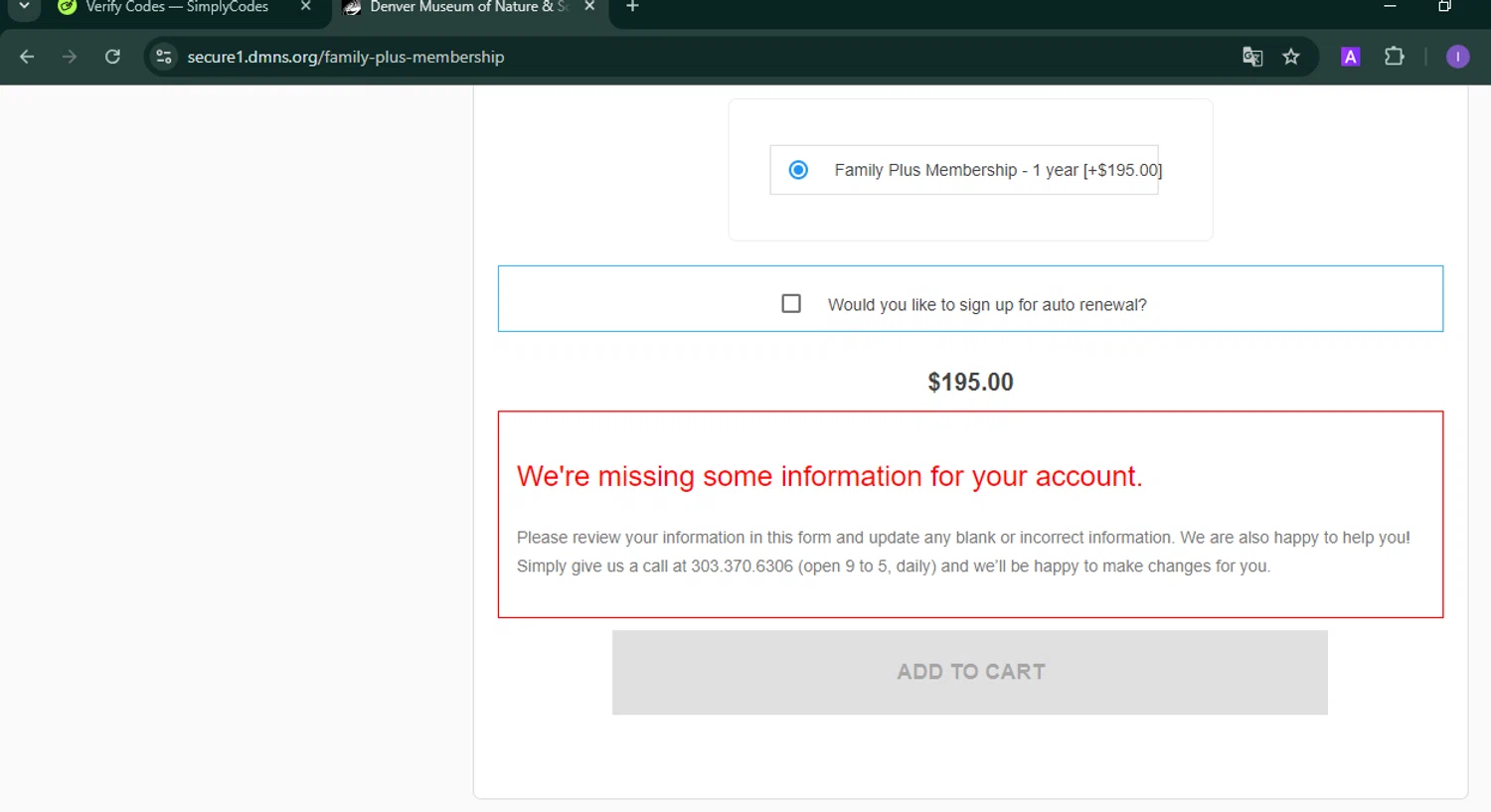 Denver Museum of Nature & Science checkout page showing Denver Museum of Nature & Science promo code box | Screenshot taken by SimplyCodes community member on Oct 22, 2024