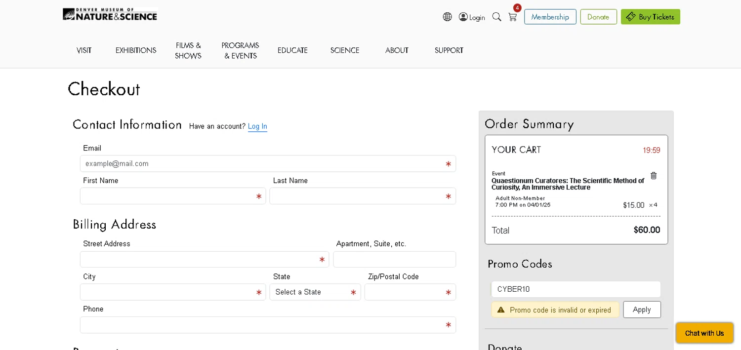 Denver Museum of Nature & Science promo code screenshot showing code CYBER10 applied at Denver Museum of Nature & Science checkout page. Uploaded by SimplyCodes community member xHRxUltrax on Mar 16, 2025