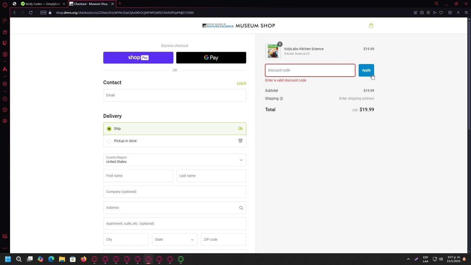 Denver Museum of Nature & Science promo code screenshot showing code MEMBERS25 applied at Denver Museum of Nature & Science checkout page. Uploaded by SimplyCodes community member JuanCones361 on Jan 15, 2025