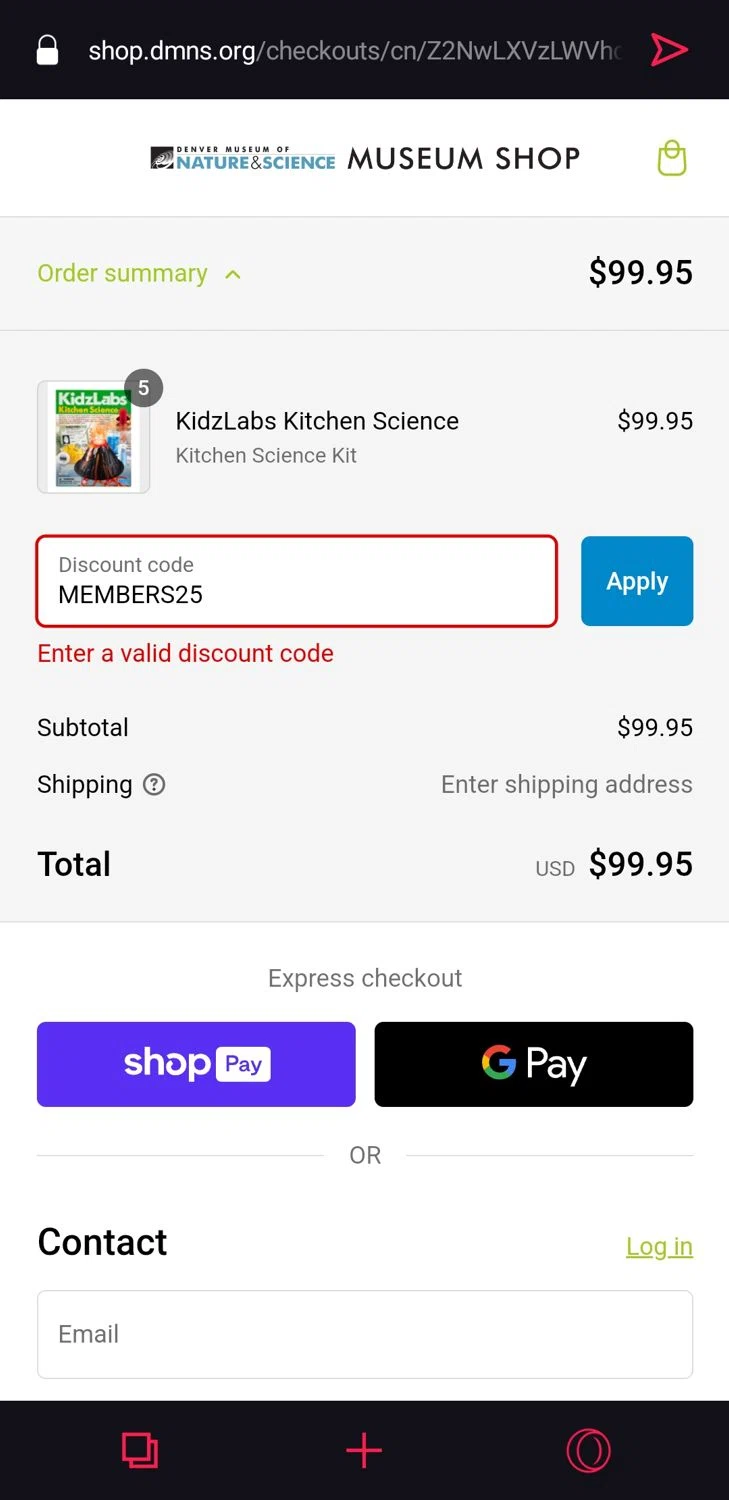 Denver Museum of Nature & Science promo code screenshot showing code MEMBERS25 applied at Denver Museum of Nature & Science checkout page. Uploaded by SimplyCodes community member ExtraordinaryHunter3076 on Feb 15, 2025