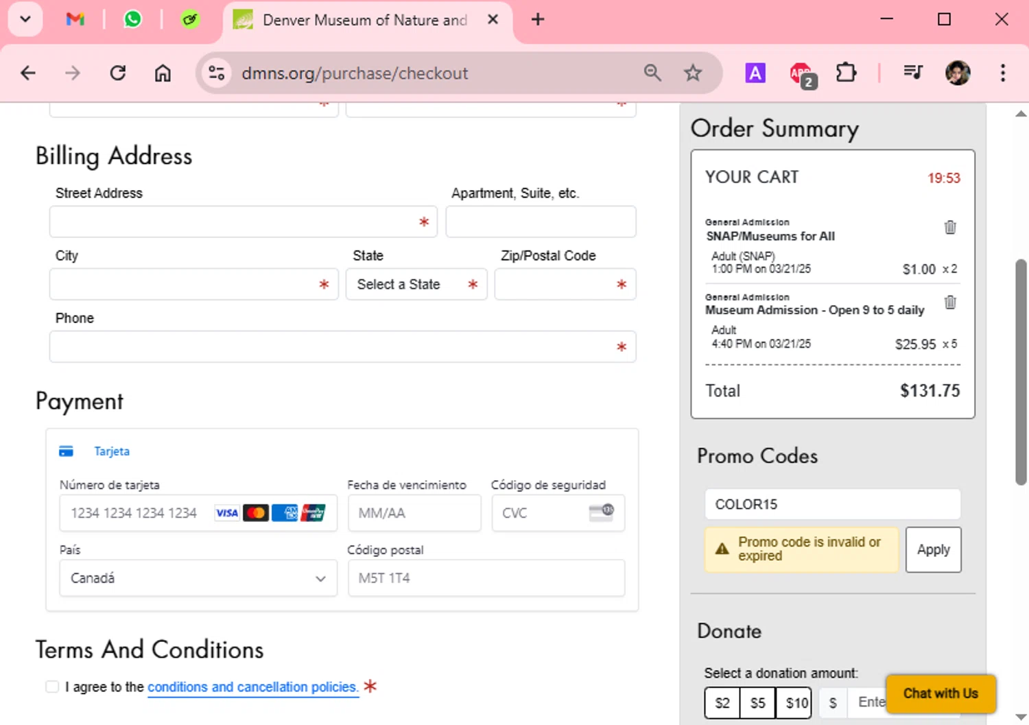 Denver Museum of Nature & Science promo code screenshot showing code COLOR15 applied at Denver Museum of Nature & Science checkout page. Uploaded by SimplyCodes community member Scarleth_2GGD on Mar 21, 2025