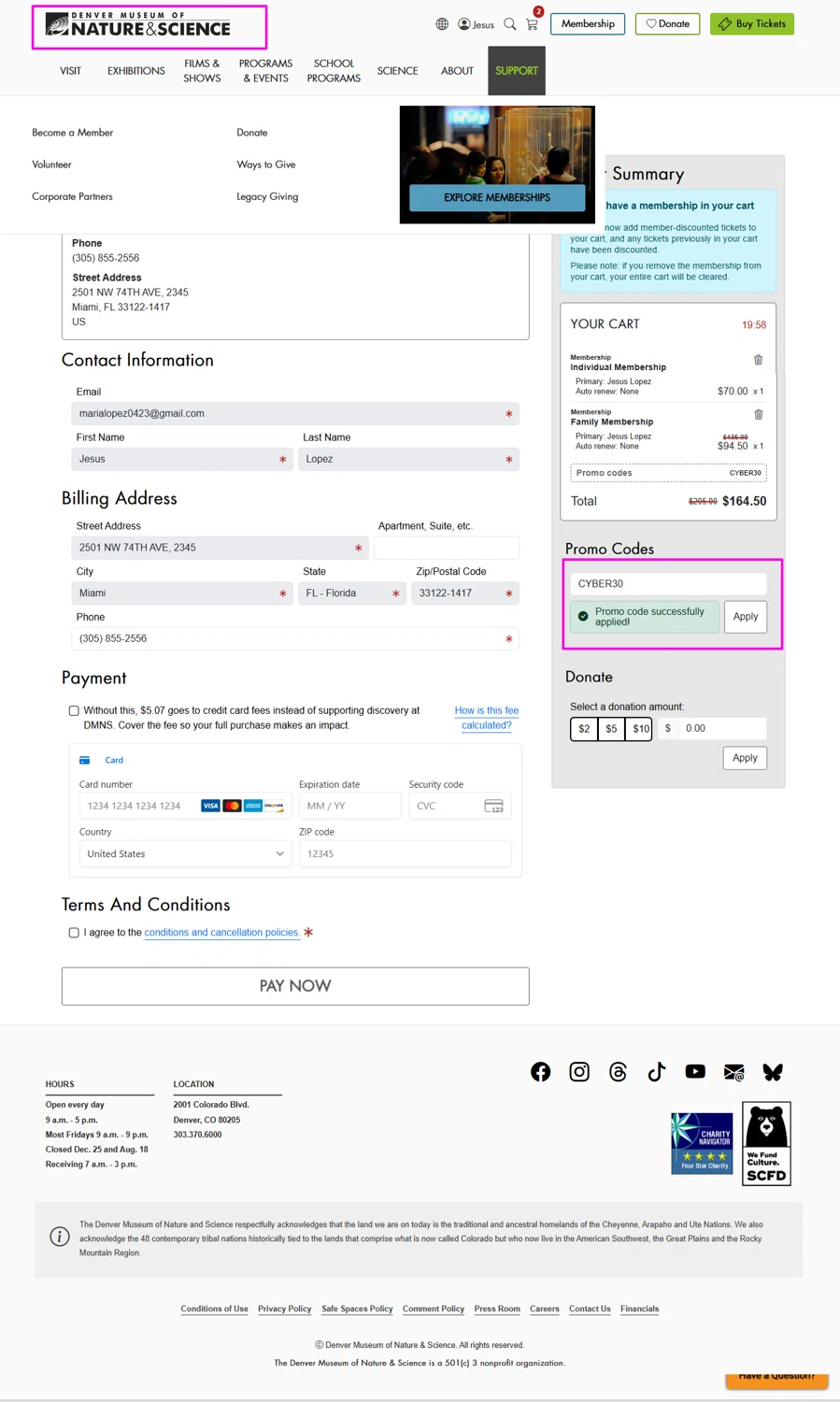 Denver Museum of Nature & Science promo code screenshot showing code CYBER30 applied at Denver Museum of Nature & Science checkout page. Uploaded by SimplyCodes community member mrdarcy on Nov 30, 2025