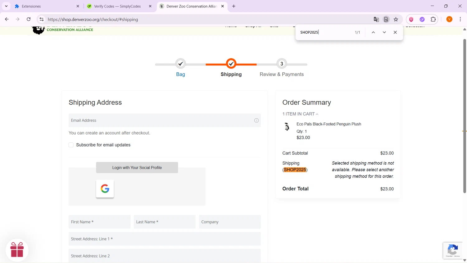 Denver Zoo promo code screenshot showing code SHOP2025 applied at Denver Zoo checkout page. Uploaded by SimplyCodes community member VoucherShopper4674 on Feb 25, 2026