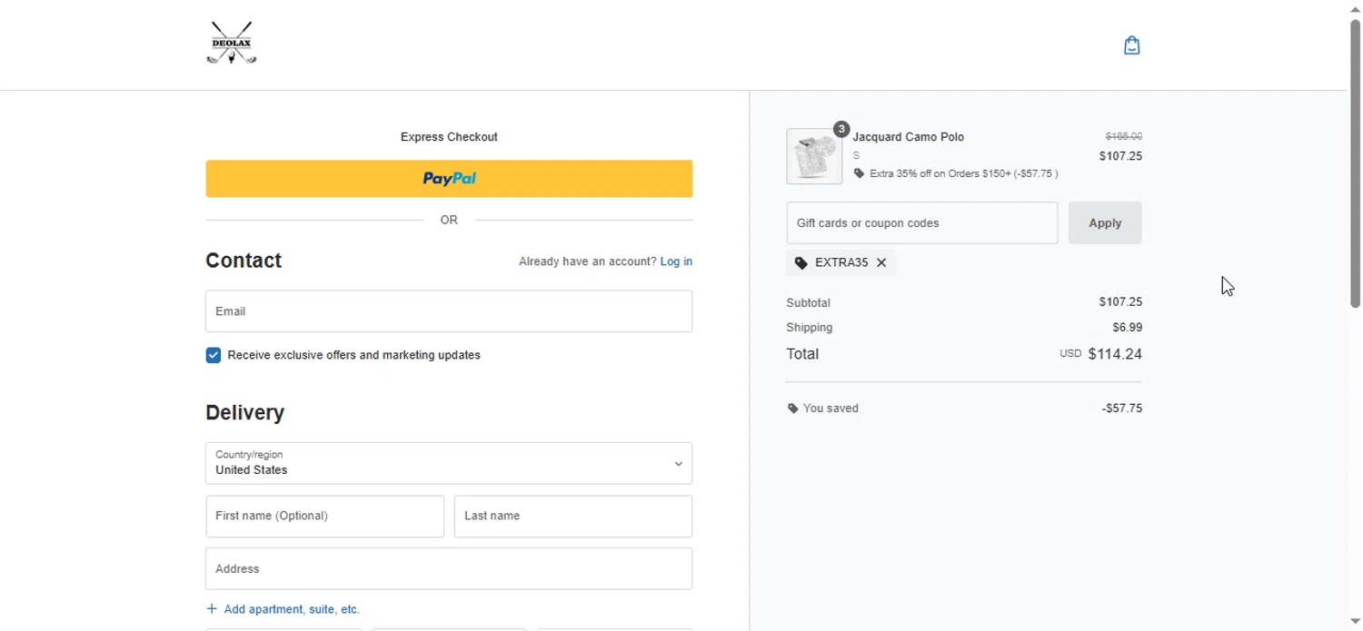 Deolax coupon code screenshot showing code EXTRA35 applied at Deolax checkout page. Uploaded by SimplyCodes community member Bendito on Aug 17, 2025