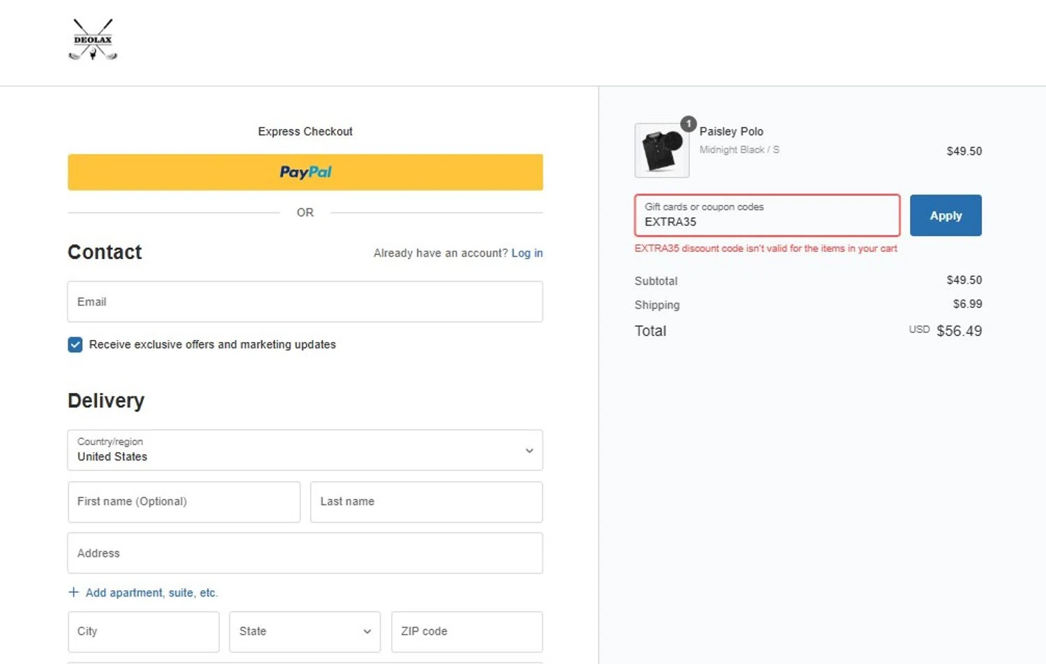 Deolax coupon code screenshot showing code EXTRA35 applied at Deolax checkout page. Uploaded by SimplyCodes community member CoinScholar3615 on Aug 17, 2025