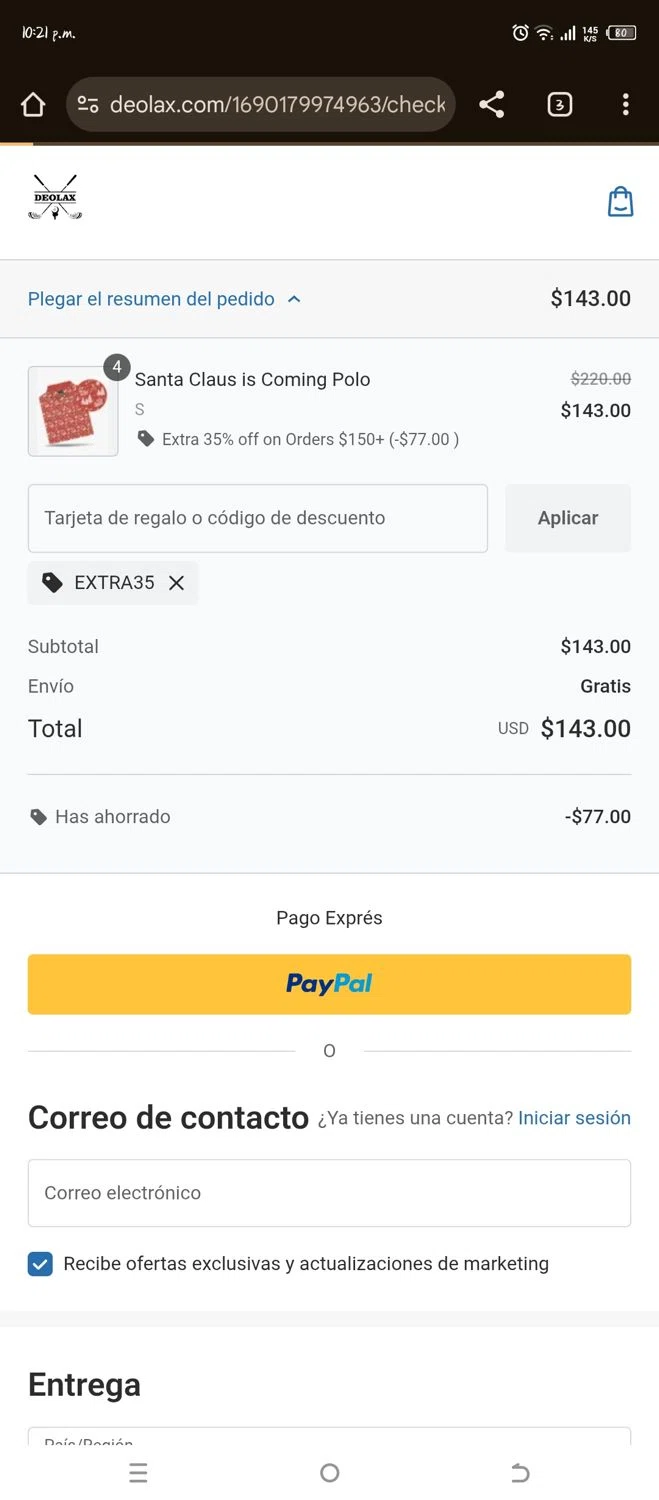 Deolax coupon code screenshot showing code EXTRA35 applied at Deolax checkout page. Uploaded by SimplyCodes community member Sheele_Icon on Oct 20, 2025