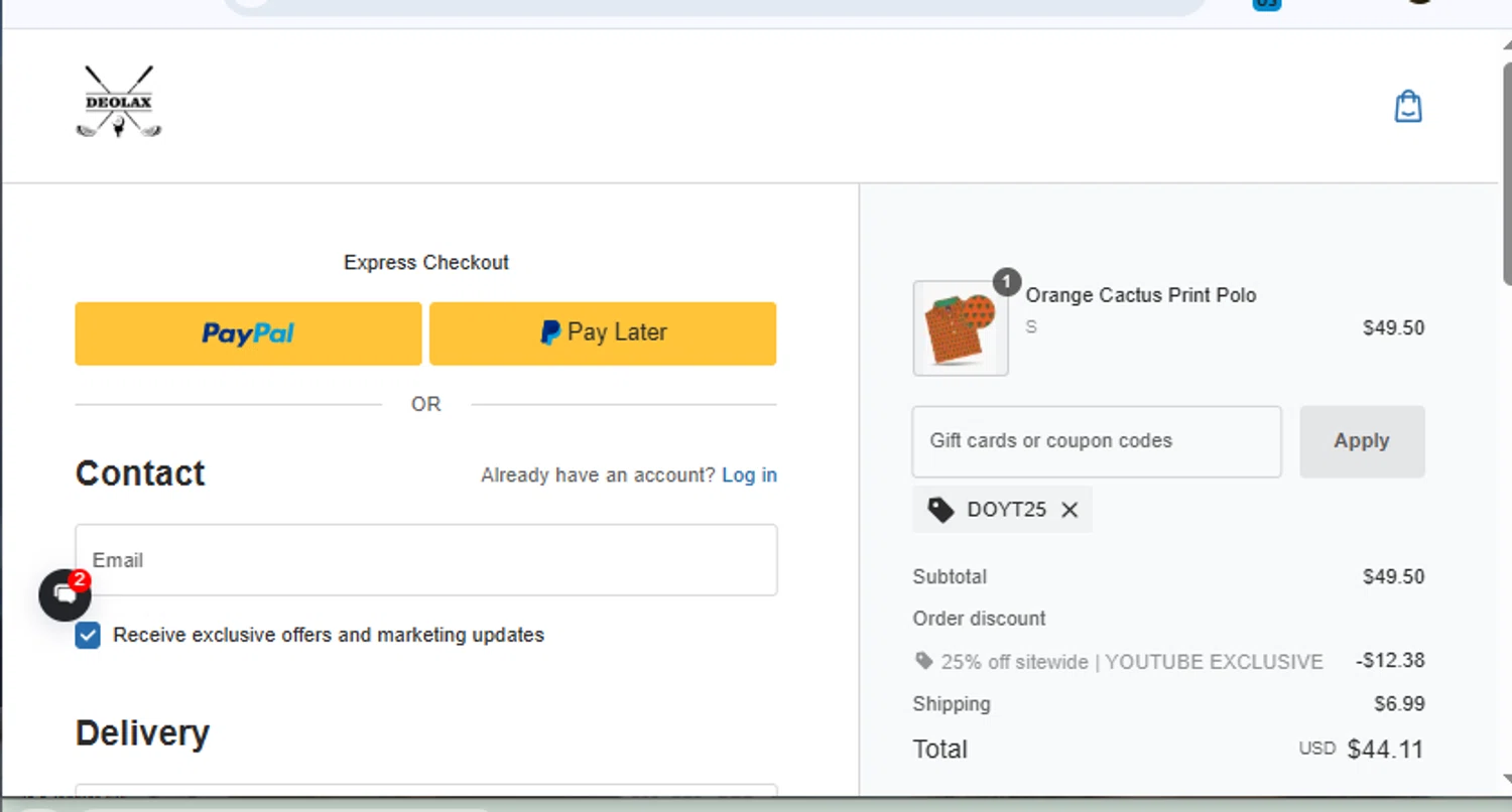 Deolax coupon code screenshot showing code DOYT25 applied at Deolax checkout page. Uploaded by SimplyCodes community member OsbelSanchez23 on Mar 19, 2025