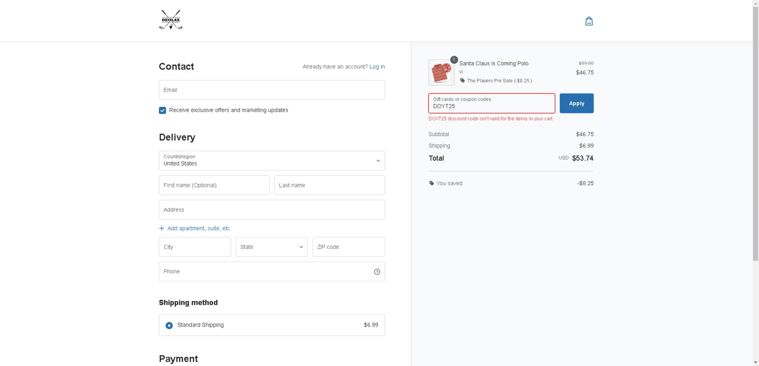 Deolax coupon code screenshot showing code DOYT25 applied at Deolax checkout page. Uploaded by SimplyCodes community member VictoriousFinder4393 on Oct 20, 2025