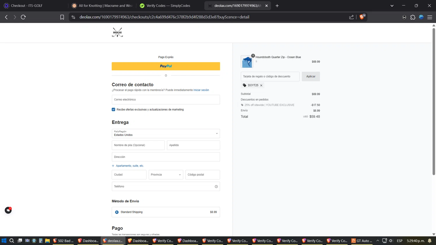Deolax coupon code screenshot showing code DOYT25 applied at Deolax checkout page. Uploaded by SimplyCodes community member Jgomez on May 13, 2025