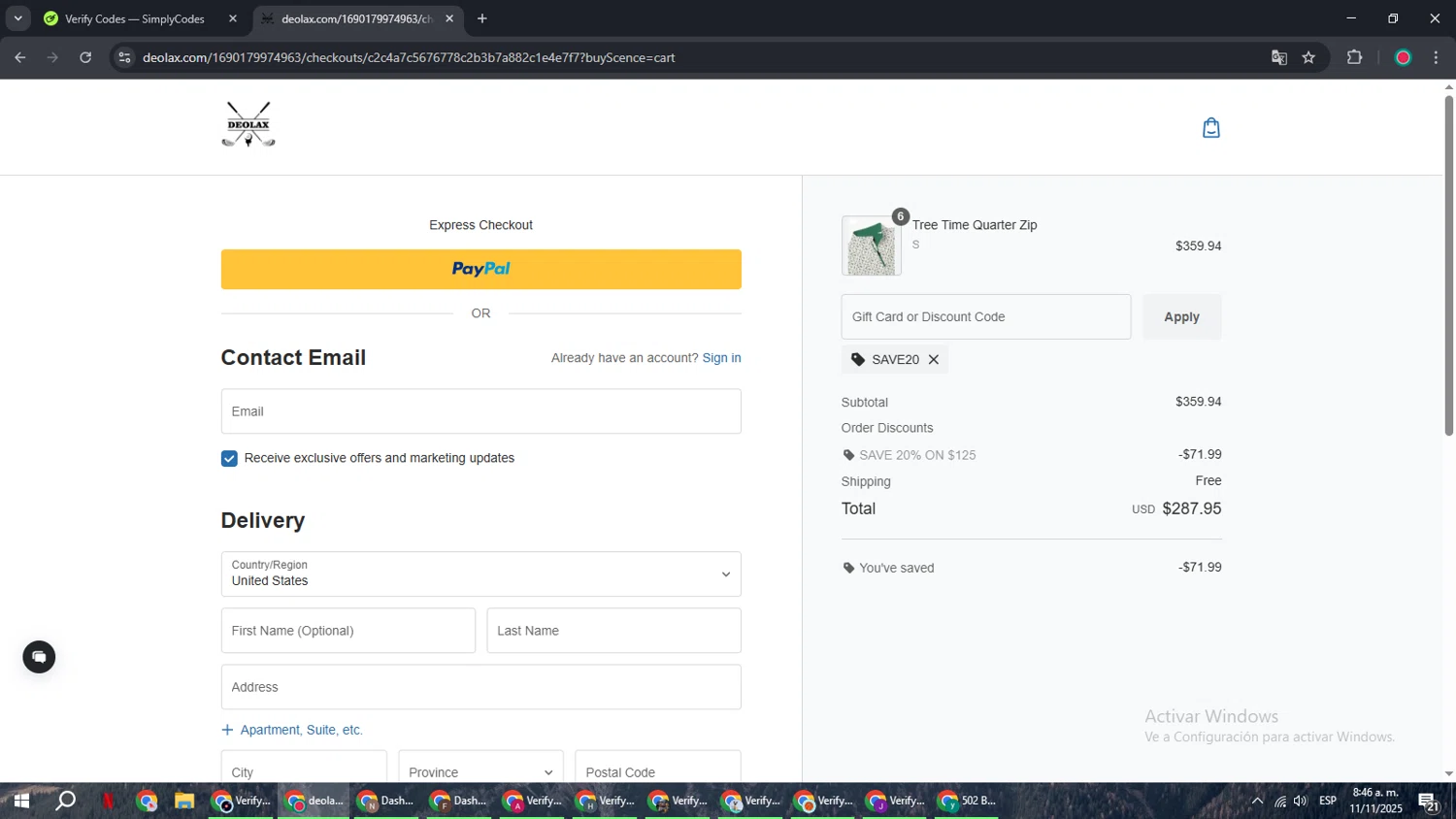 Deolax coupon code screenshot showing code SAVE20 applied at Deolax checkout page. Uploaded by SimplyCodes community member AVAMUSTANG on Nov 11, 2025