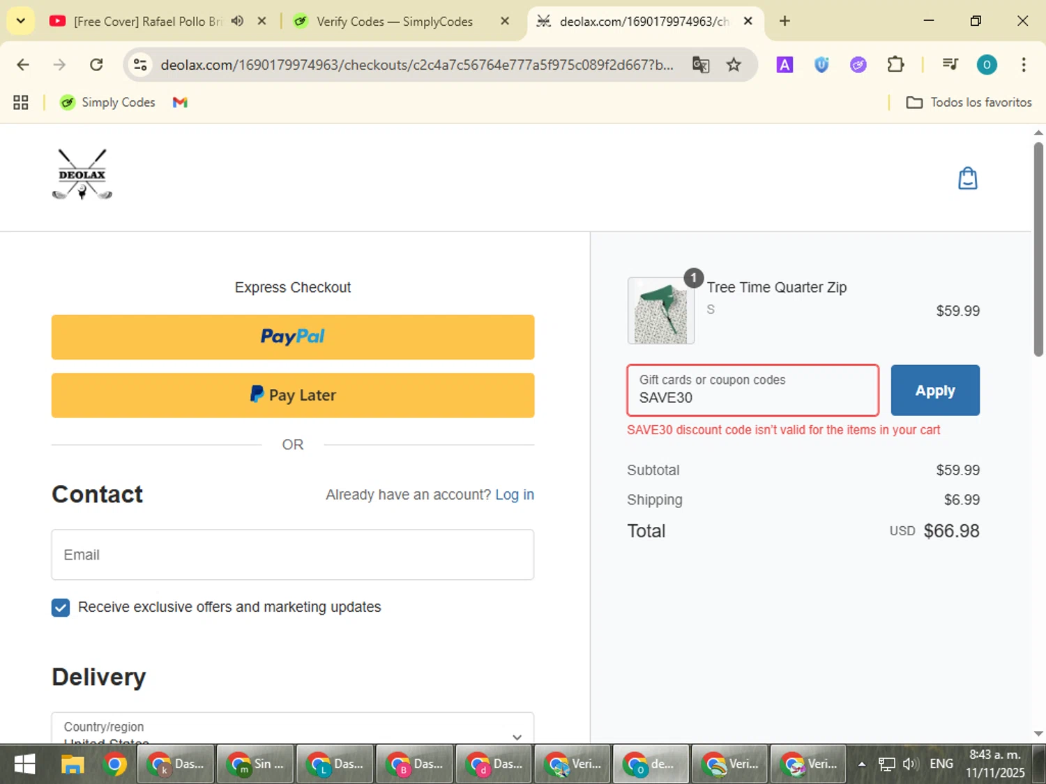 Deolax coupon code screenshot showing code SAVE30 applied at Deolax checkout page. Uploaded by SimplyCodes community member BudgetSeeker9524 on Nov 11, 2025