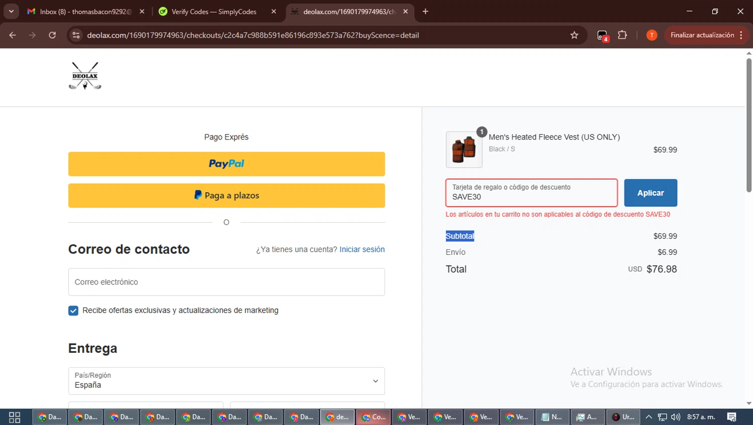 Deolax coupon code screenshot showing code SAVE30 applied at Deolax checkout page. Uploaded by SimplyCodes community member DiscountWizard3787 on Dec 10, 2025