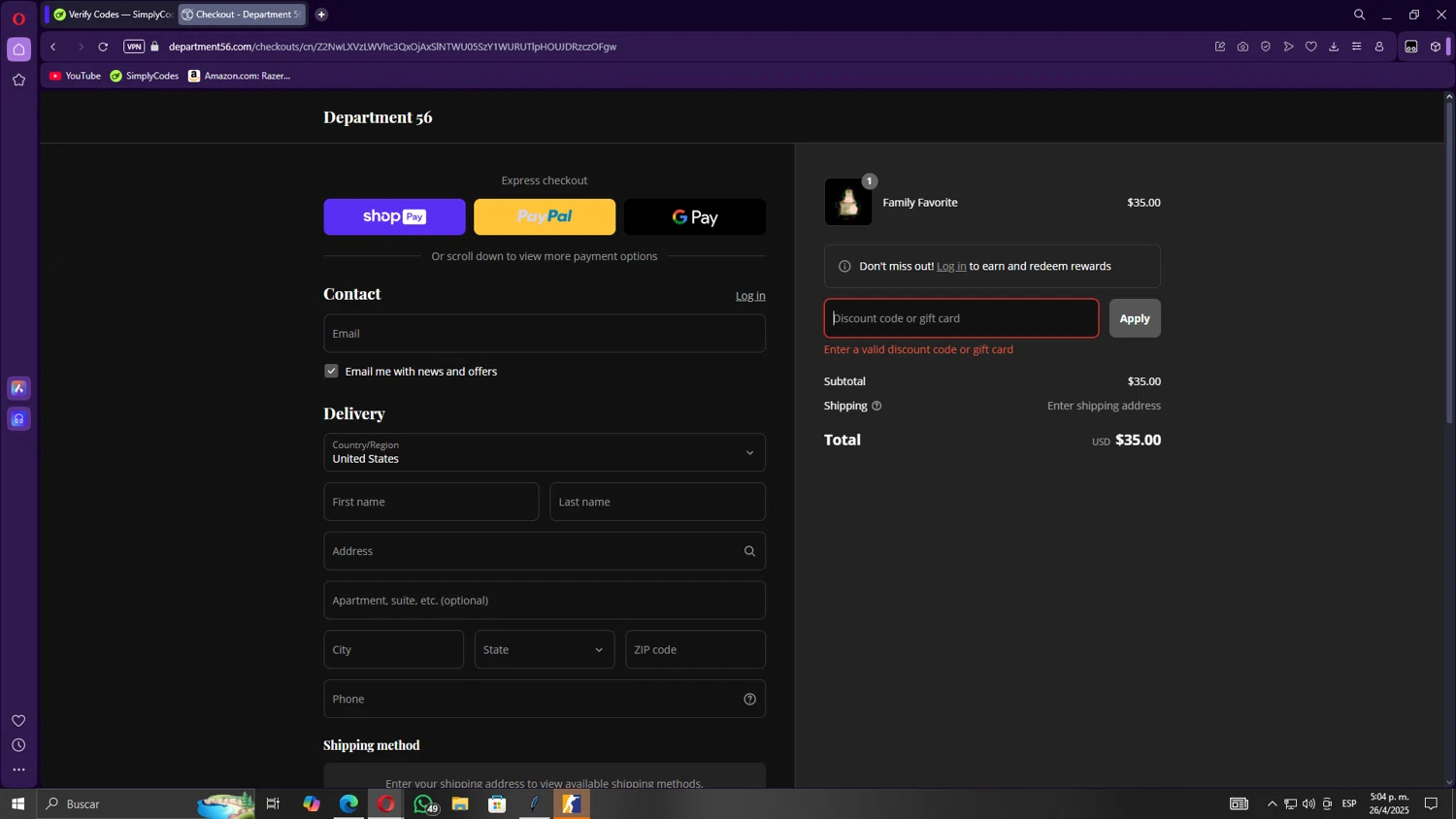 Department 56 discount code screenshot showing code WELCOME5 applied at Department 56 checkout page. Uploaded by SimplyCodes community member Gojira on Apr 26, 2025