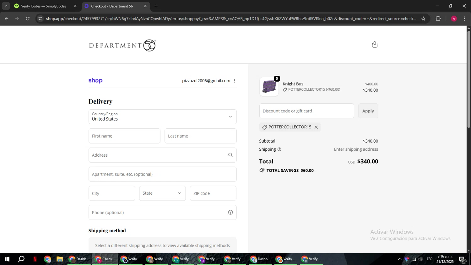 Department 56 discount code screenshot showing code POTTERCOLLECTOR15 applied at Department 56 checkout page. Uploaded by SimplyCodes community member BMWGS1200 on Dec 21, 2025